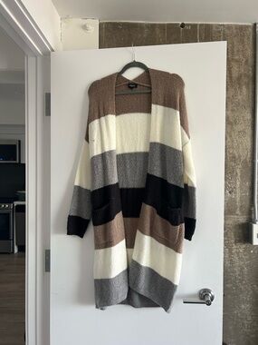 Eclipse Striped Open-Front Cardigan - Brown/White/Gray/Black